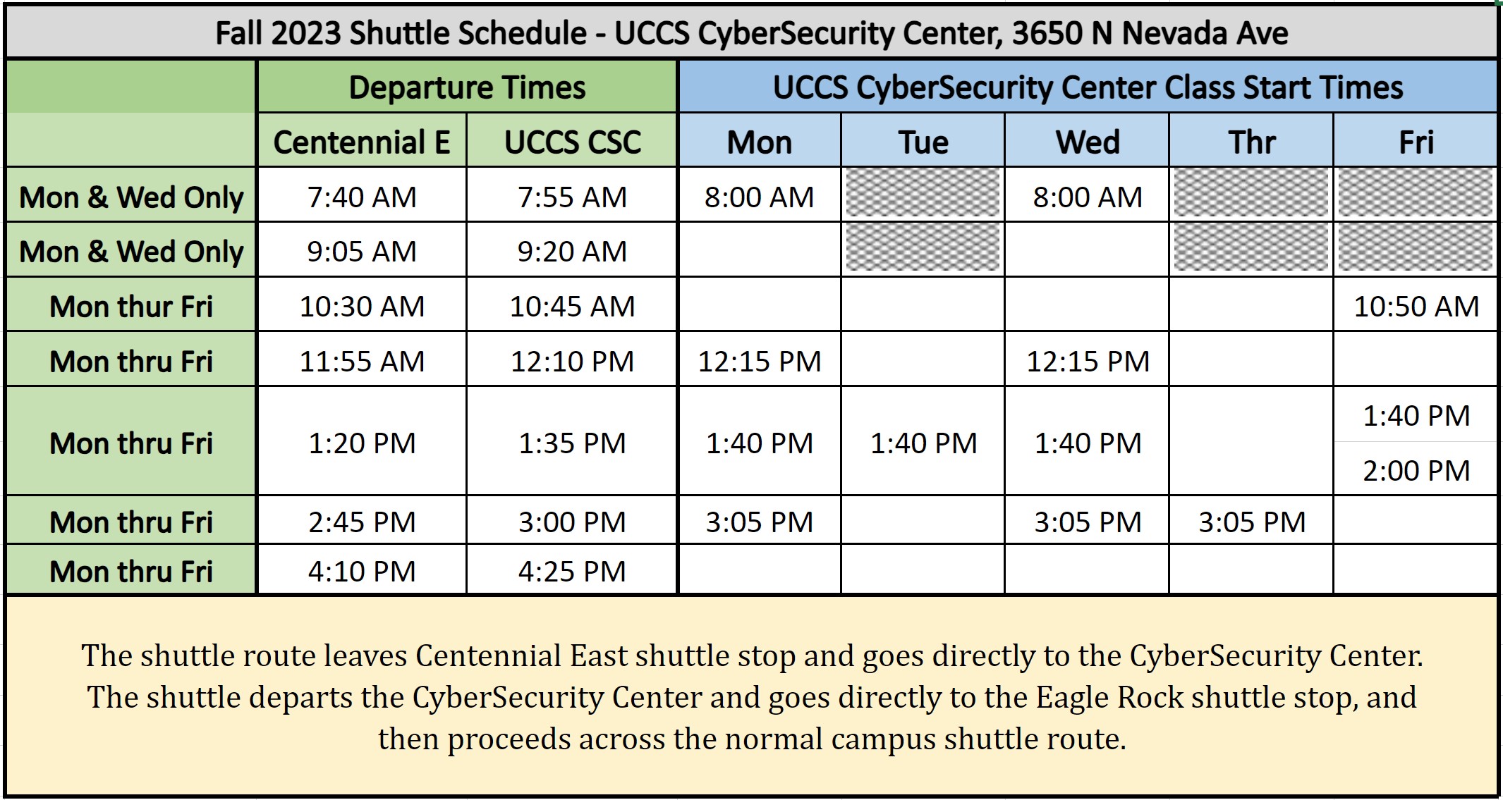 Cybersecurity Shuttle Schedule